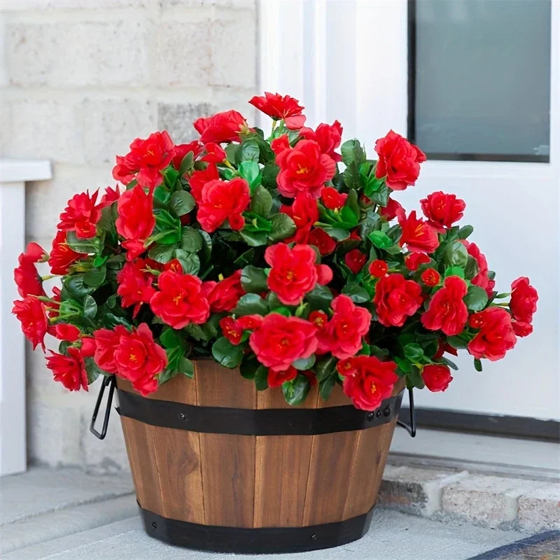 Artificial Fall Azalea Flowers Outdoor UV Resistant Fake Red Flower Bushes for Garden, Porch, Home Decor - 2 Pack