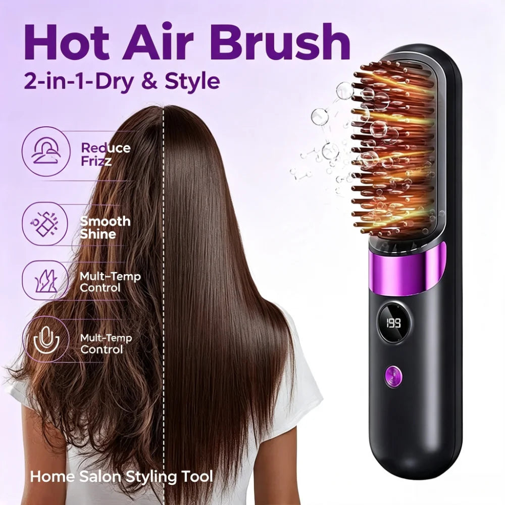 Hair Straightener Brush with LCD Display Cordless USB Charging Straightener Portable Mini Straightening Brush for Home Travel