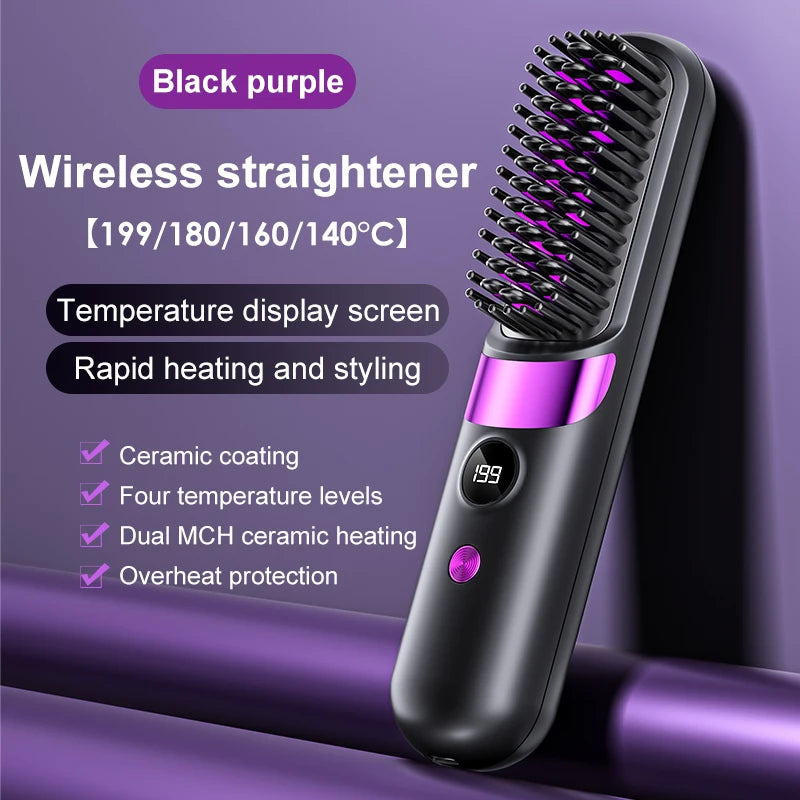 Hair Straightener Brush with LCD Display Cordless USB Charging Straightener Portable Mini Straightening Brush for Home Travel