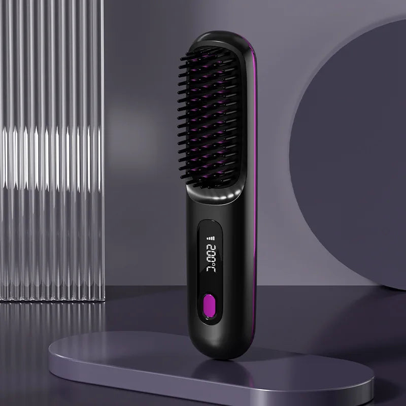 Hair Straightener Brush with LCD Display Cordless USB Charging Straightener Portable Mini Straightening Brush for Home Travel