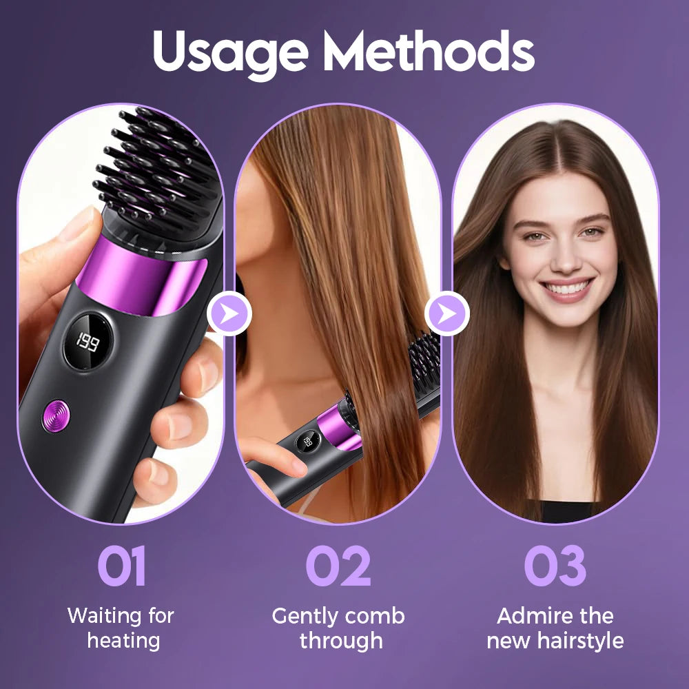 Hair Straightener Brush with LCD Display Cordless USB Charging Straightener Portable Mini Straightening Brush for Home Travel