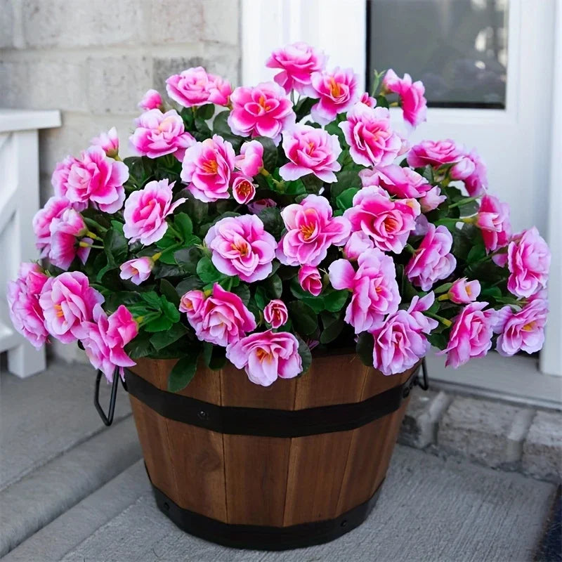 Artificial Fall Azalea Flowers Outdoor UV Resistant Fake Red Flower Bushes for Garden, Porch, Home Decor - 2 Pack