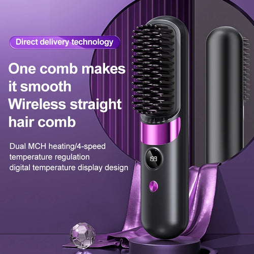 Hair Straightener Brush with LCD Display Cordless USB Charging Straightener Portable Mini Straightening Brush for Home Travel