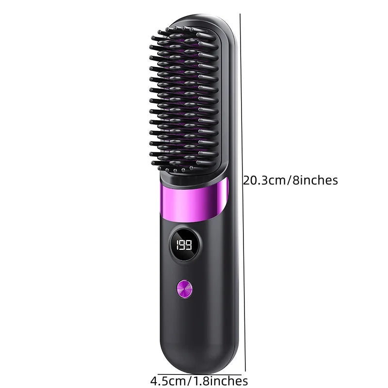 Hair Straightener Brush with LCD Display Cordless USB Charging Straightener Portable Mini Straightening Brush for Home Travel