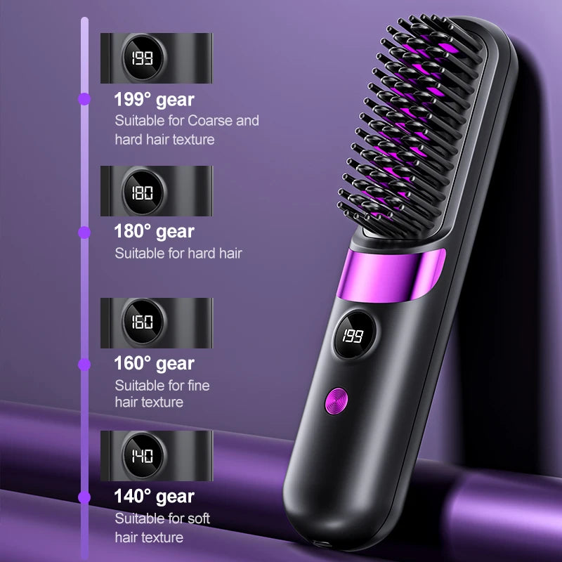 Hair Straightener Brush with LCD Display Cordless USB Charging Straightener Portable Mini Straightening Brush for Home Travel