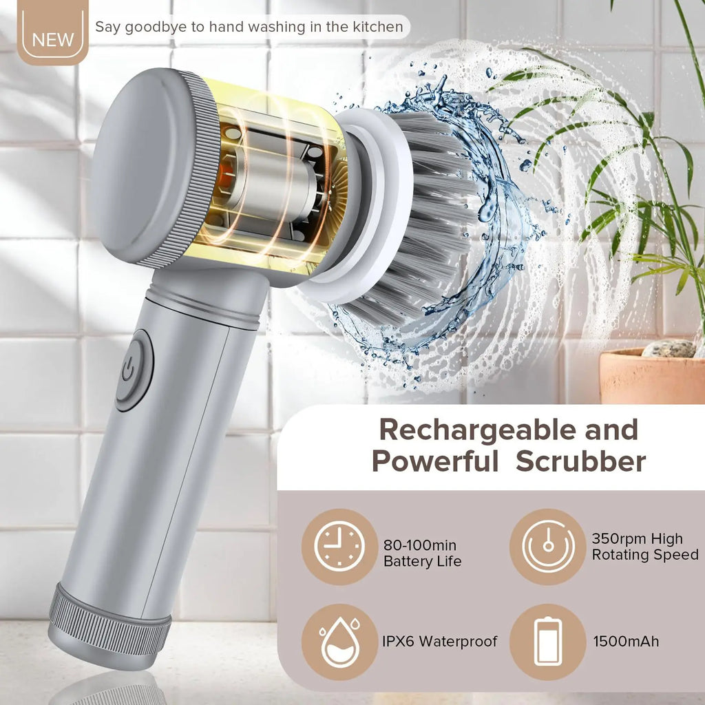 Electric Cleaning Brush Handheld Usb Rechargeable Ipx6 Waterproof 6 Replaceable Heads For Kitchen Bathroom Shoe Tile Cleaning