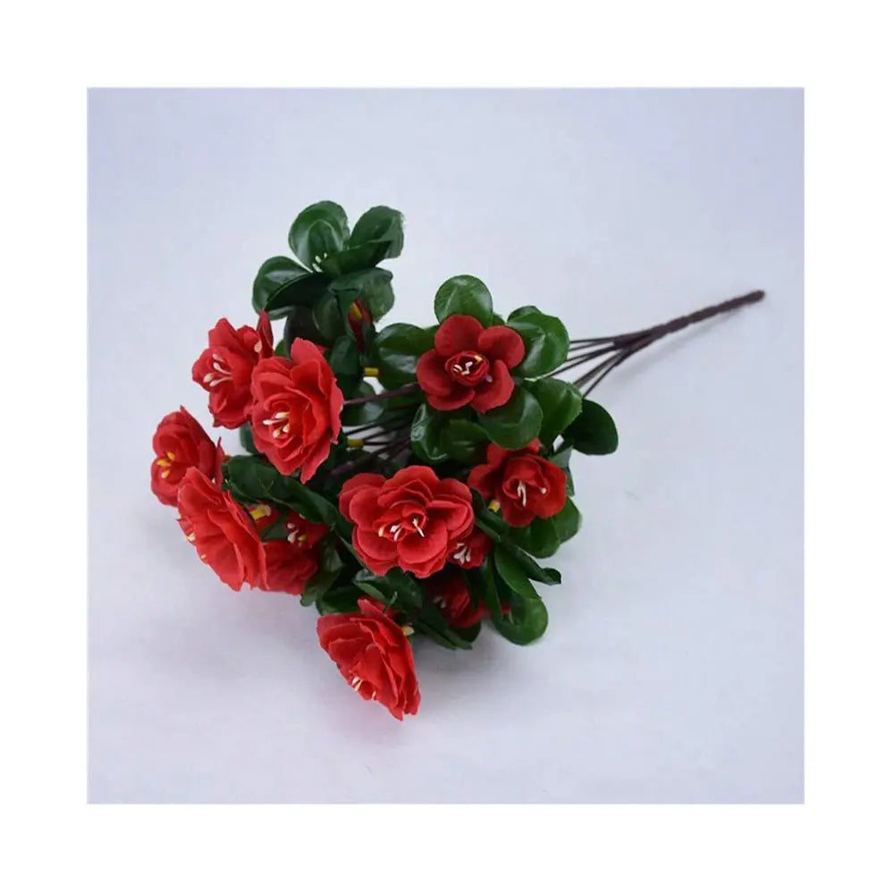 Artificial Fall Azalea Flowers Outdoor UV Resistant Fake Red Flower Bushes for Garden, Porch, Home Decor - 2 Pack